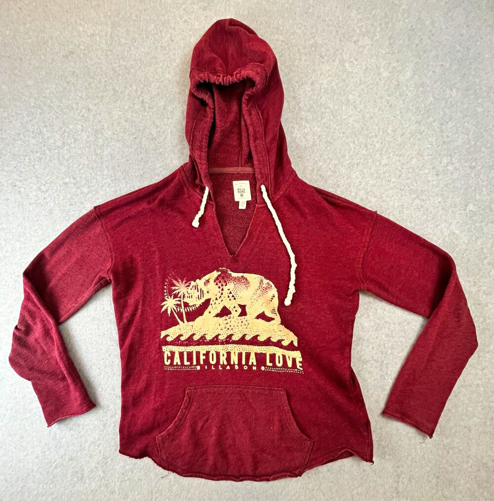 Billabong California Love Bear Graphic Burgundy Fleece Hoodie Women Sz L